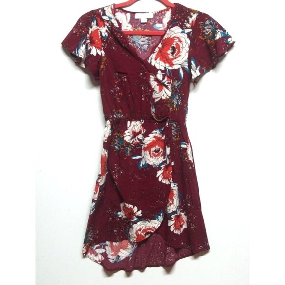 Band of Gypsies Wrap Dress XS Burgundy floral bouquet Keyhole back pockets hi-lo - Picture 1 of 12